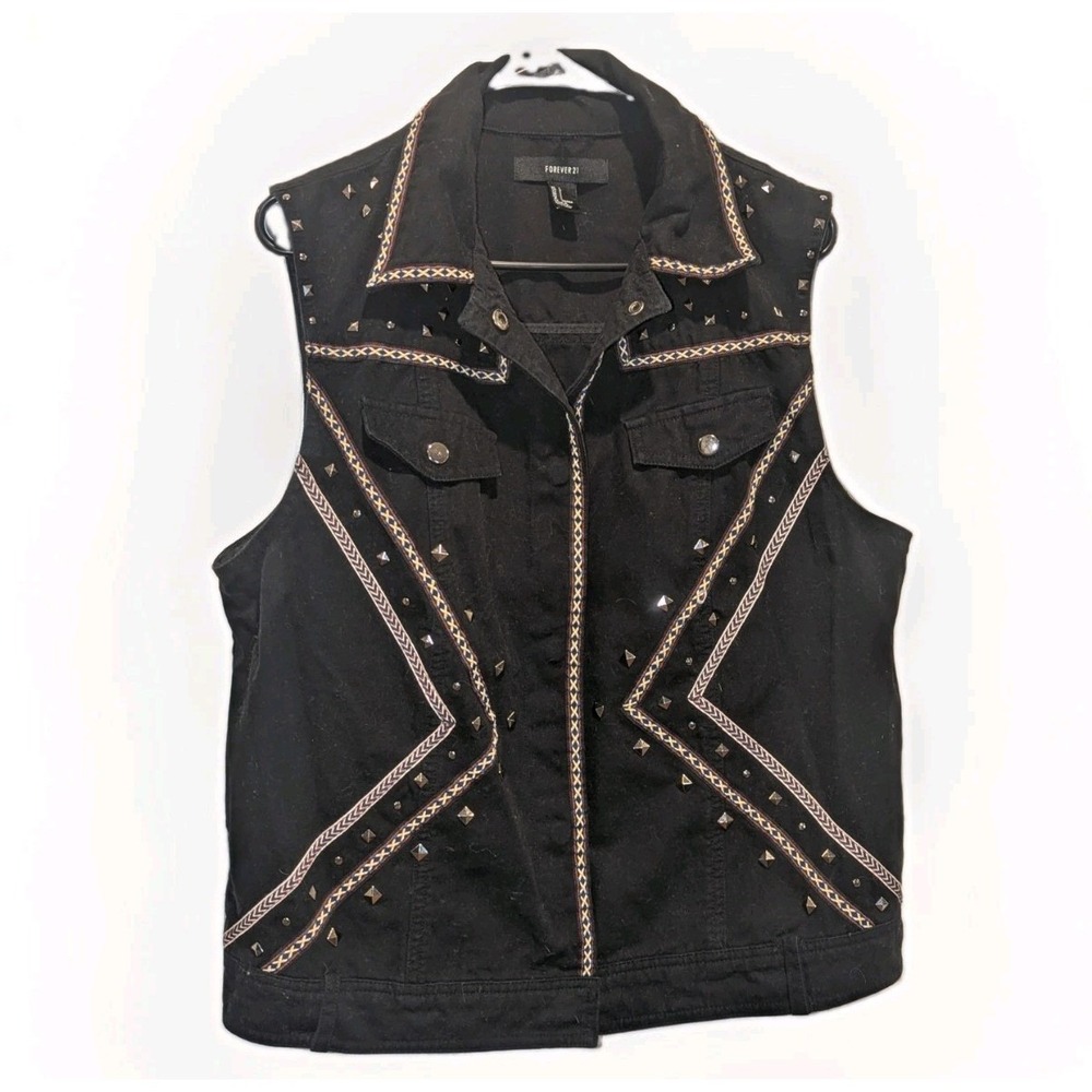 Boho Western Studded Denim Vest Black Embroidered Festival Forever 21 L